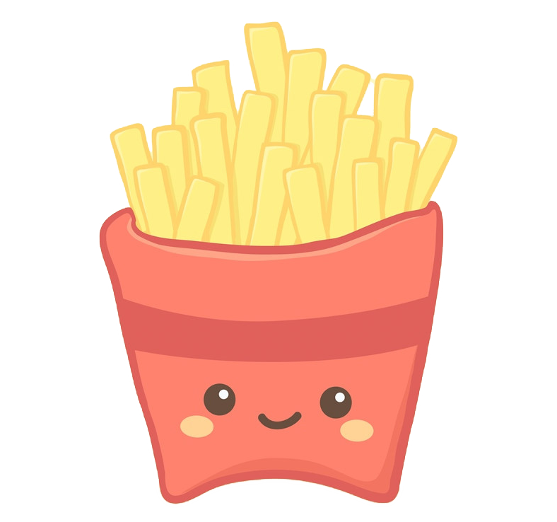 This image is an illustrated version of fast food french fries with a face drawn on it. Their expression is happy and smiley. The fries are yellow and sticking out of the fry container as if it were their hair. The face is drawn on the fry container which is red with a single red stripe drawn across it. This illustration is also rocking back and forth in tandem with the strawberry flavoured soft serve.
